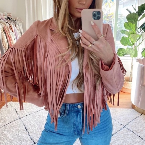 Jackets & Blazers - SOLD OUT Mauve Pink Faux Leather Suede Fringe Cropped Western Boho Moto Jacket